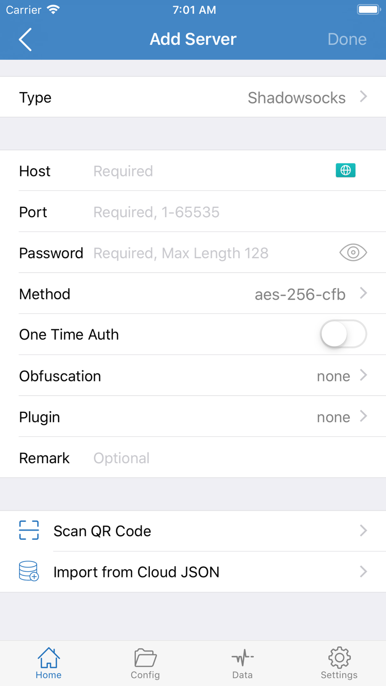 Official Shadowrocket Add Server screenshot showing Type, Host, Port, Password, Method and import options