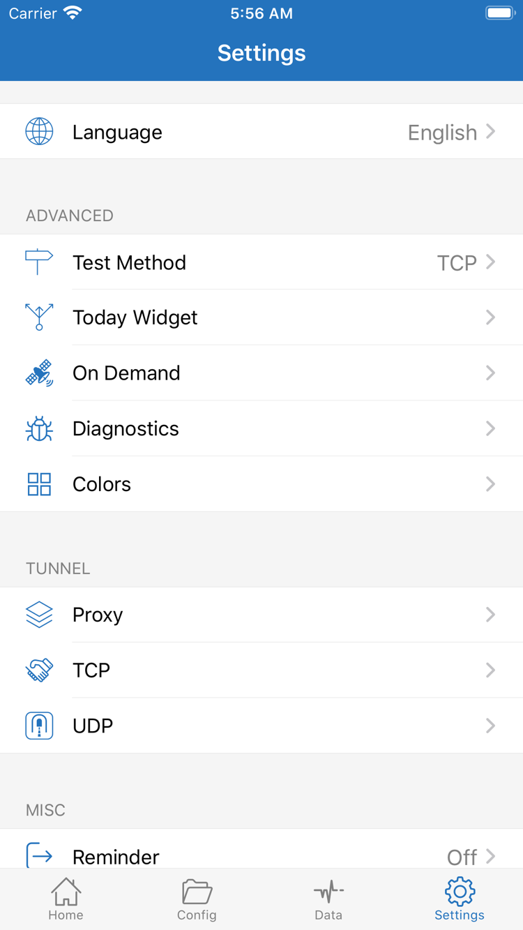 Shadowrocket Settings 官方截图，显示 Language、Test Method、On Demand、Diagnostics、Proxy、TCP 与 UDP