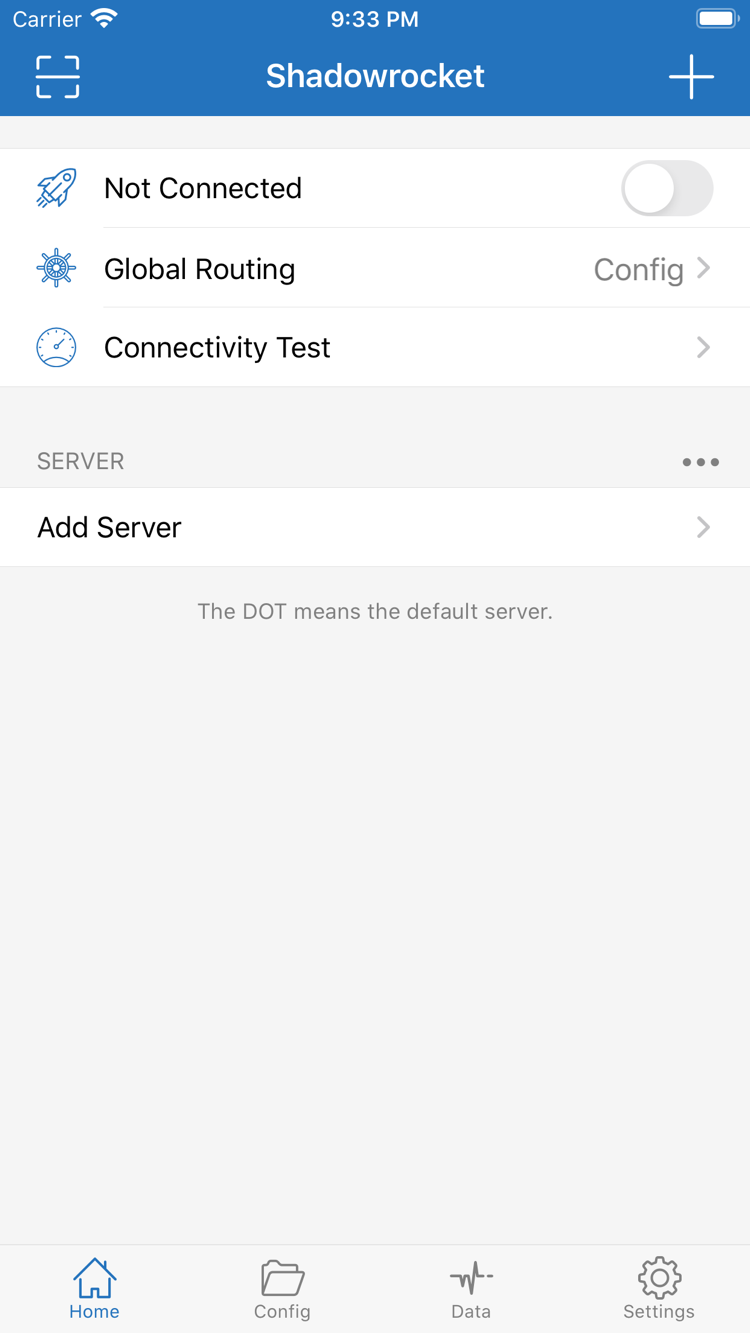 Official Shadowrocket Home screenshot showing Not Connected, Global Routing, Connectivity Test and the SERVER group